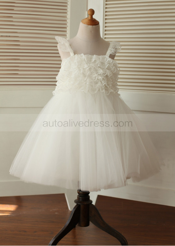 Ivory Lace Flounce Bodice Tulle Cross Back Flower Girl Dress